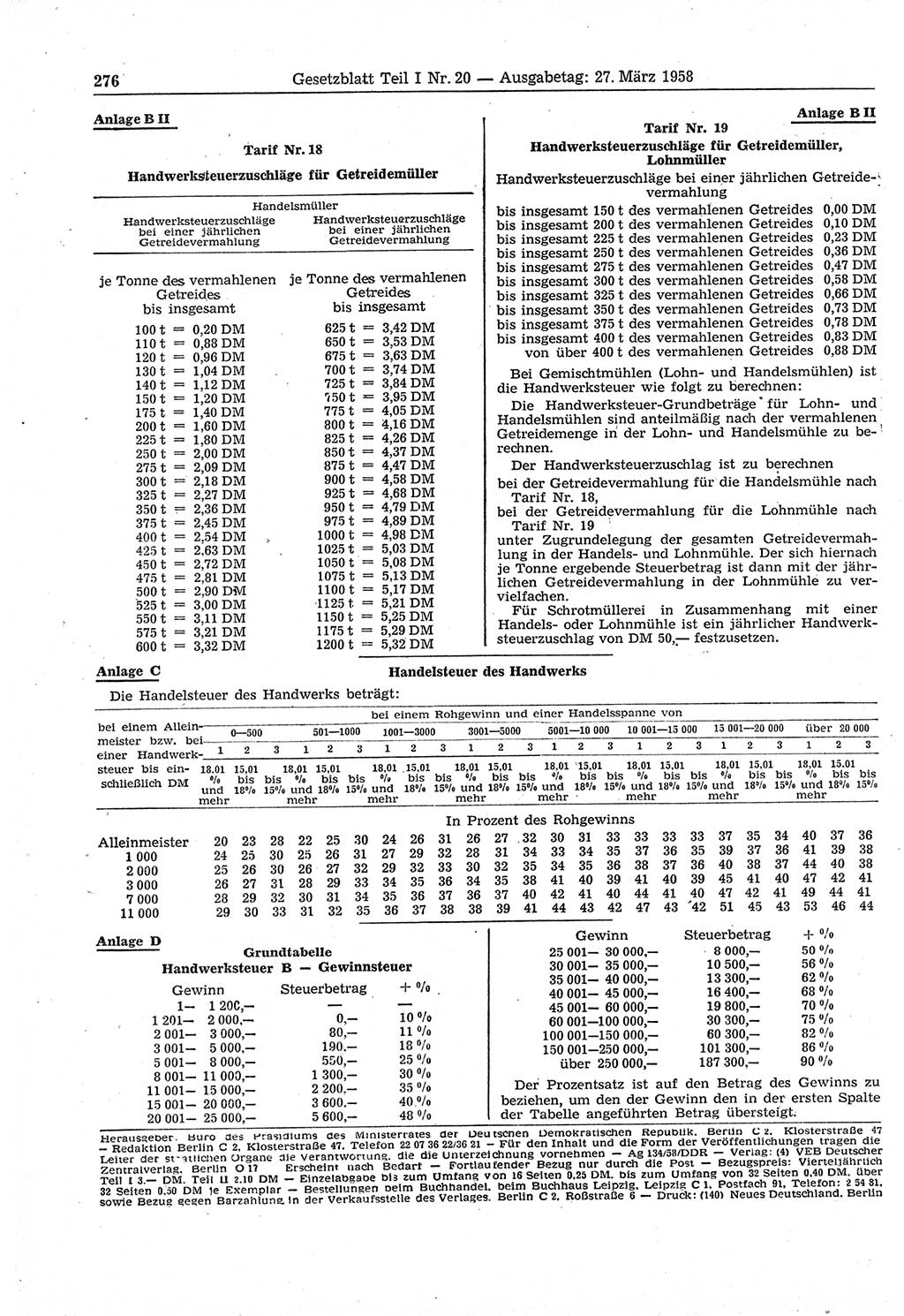 Gesetzblatt (GBl.) der Deutschen Demokratischen Republik (DDR) Teil Ⅰ 1958, Seite 276 (GBl. DDR Ⅰ 1958, S. 276)