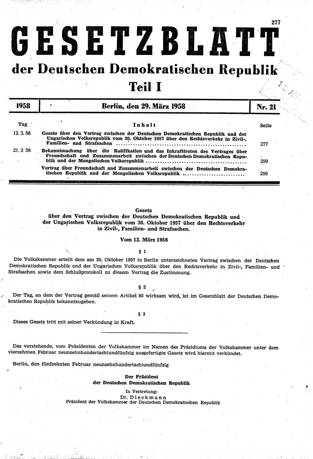 Gesetzblatt (GBl.) der Deutschen Demokratischen Republik (DDR) Teil Ⅰ 1958, Seite 277 (GBl. DDR Ⅰ 1958, S. 277)