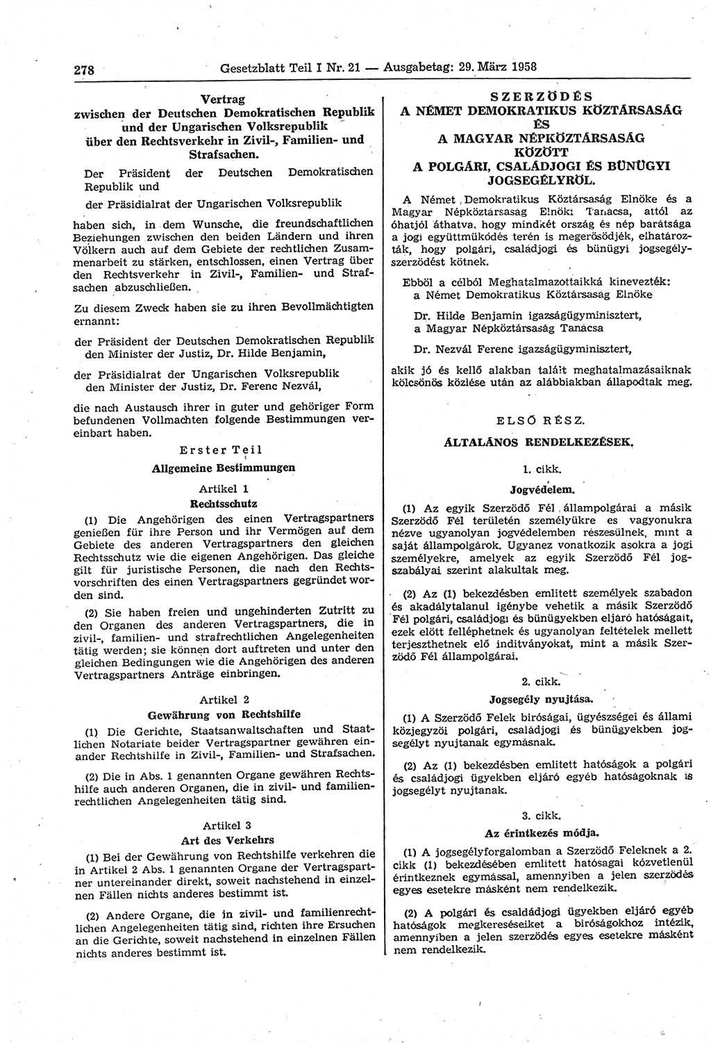 Gesetzblatt (GBl.) der Deutschen Demokratischen Republik (DDR) Teil Ⅰ 1958, Seite 278 (GBl. DDR Ⅰ 1958, S. 278)