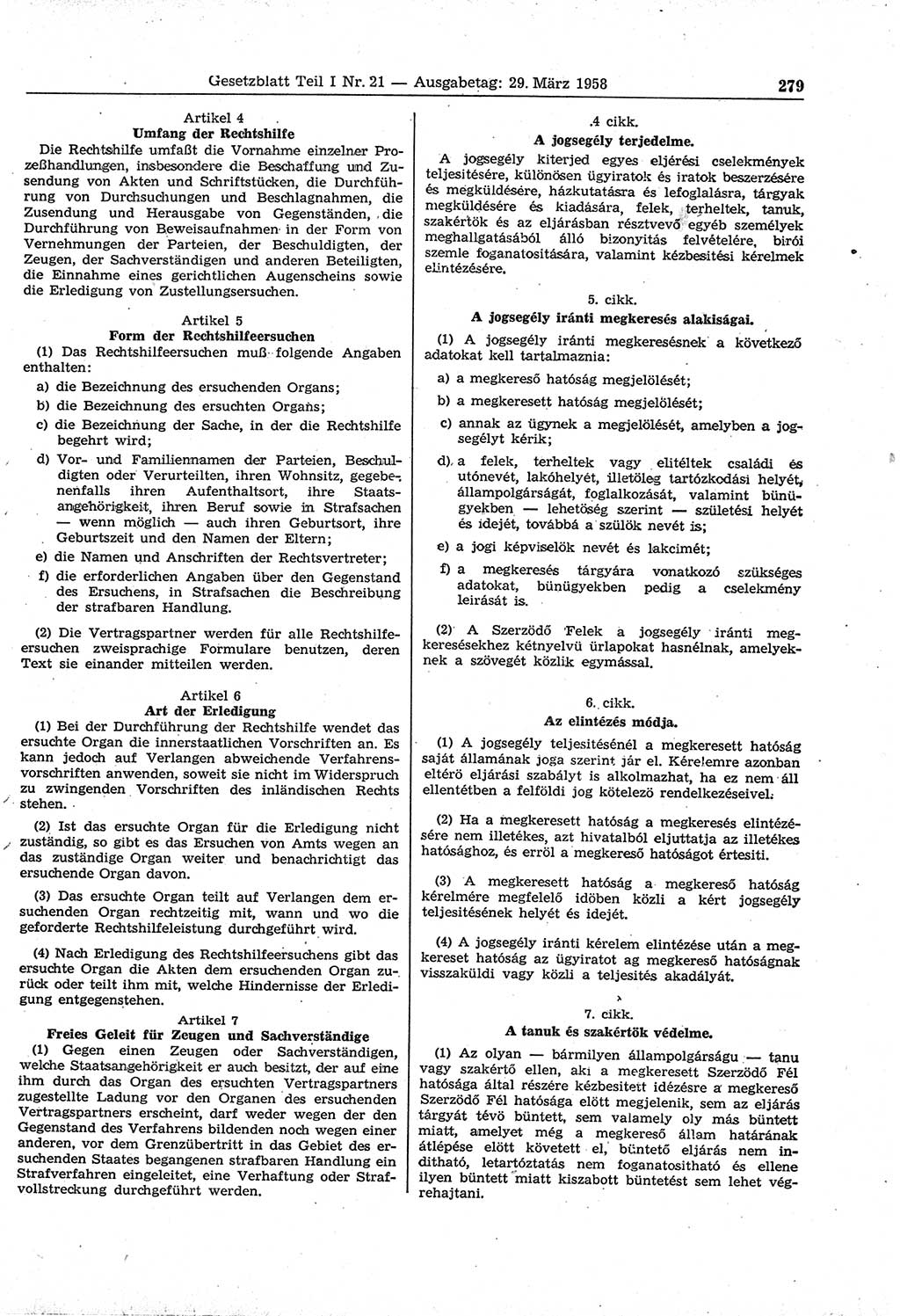 Gesetzblatt (GBl.) der Deutschen Demokratischen Republik (DDR) Teil Ⅰ 1958, Seite 279 (GBl. DDR Ⅰ 1958, S. 279)
