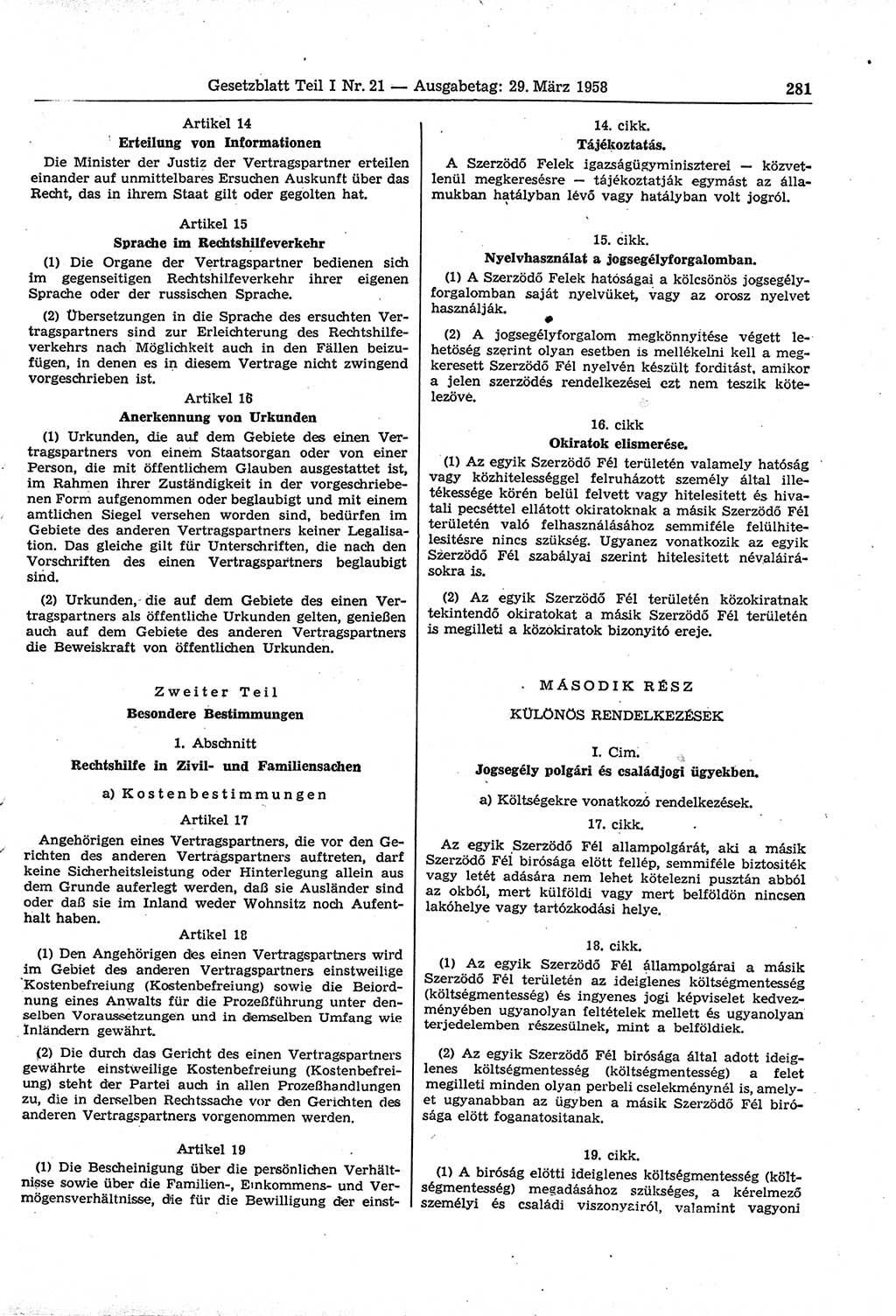 Gesetzblatt (GBl.) der Deutschen Demokratischen Republik (DDR) Teil Ⅰ 1958, Seite 281 (GBl. DDR Ⅰ 1958, S. 281)