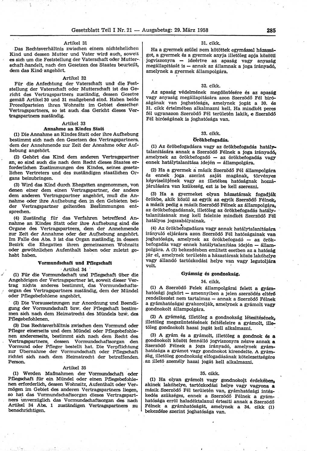 Gesetzblatt (GBl.) der Deutschen Demokratischen Republik (DDR) Teil Ⅰ 1958, Seite 285 (GBl. DDR Ⅰ 1958, S. 285)