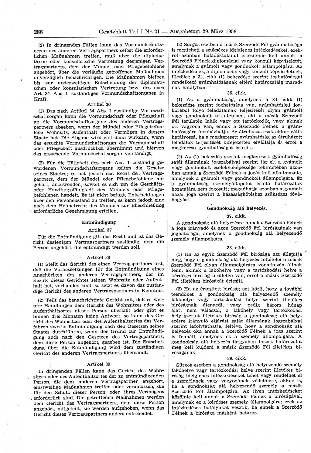 Gesetzblatt (GBl.) der Deutschen Demokratischen Republik (DDR) Teil Ⅰ 1958, Seite 286 (GBl. DDR Ⅰ 1958, S. 286)