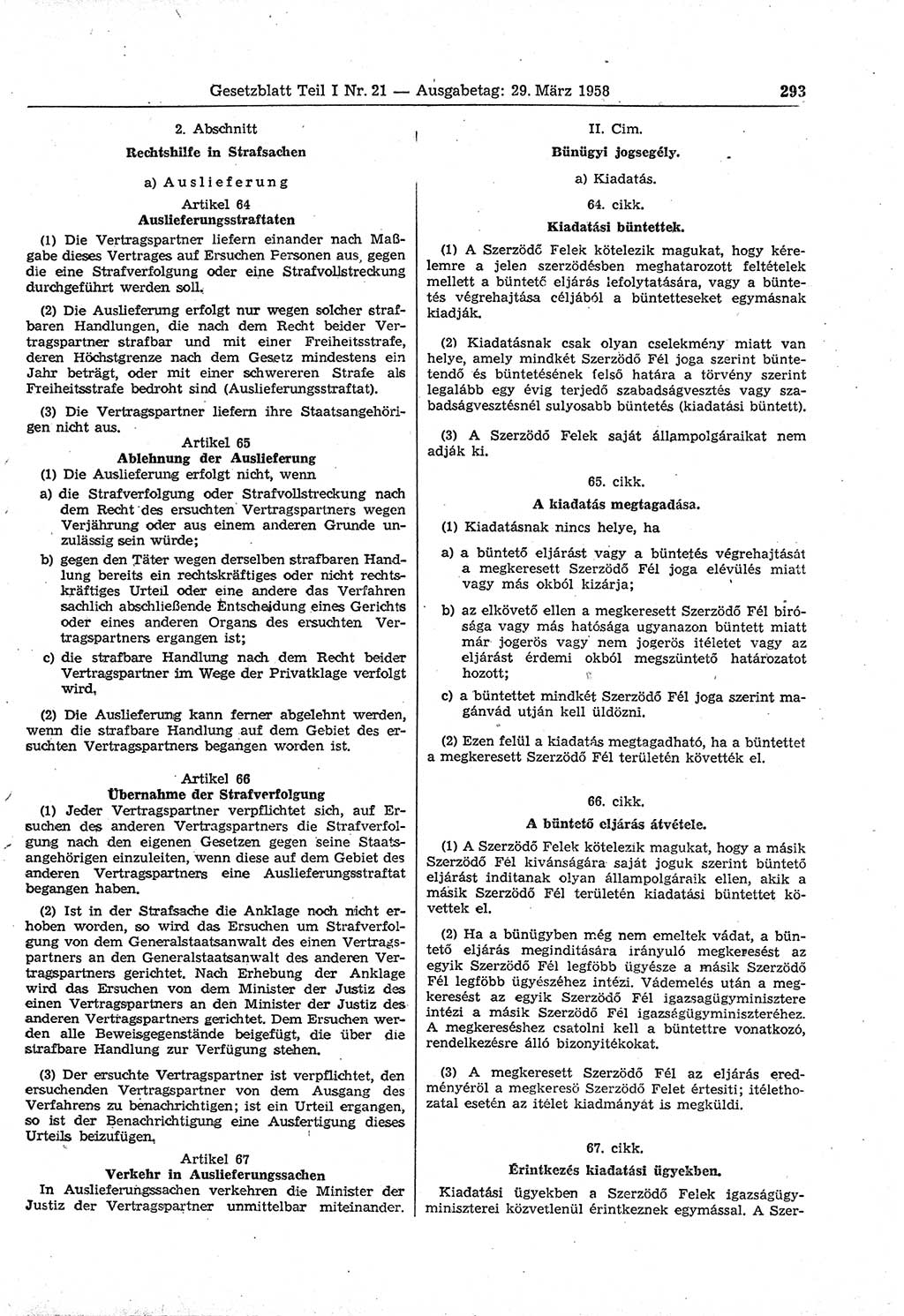 Gesetzblatt (GBl.) der Deutschen Demokratischen Republik (DDR) Teil Ⅰ 1958, Seite 293 (GBl. DDR Ⅰ 1958, S. 293)