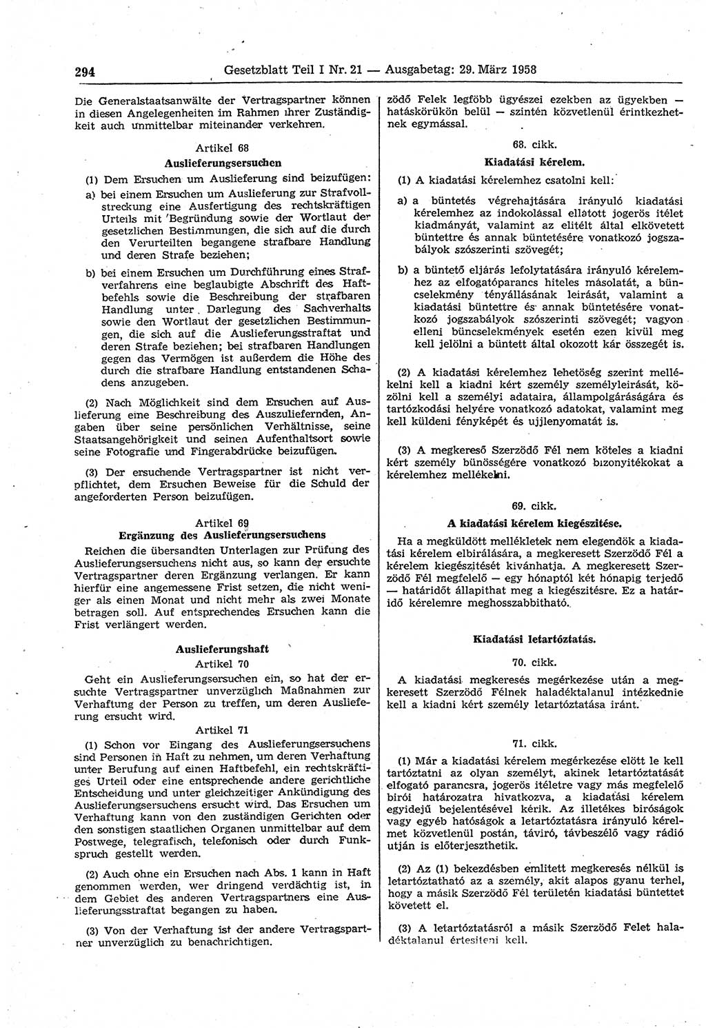 Gesetzblatt (GBl.) der Deutschen Demokratischen Republik (DDR) Teil Ⅰ 1958, Seite 294 (GBl. DDR Ⅰ 1958, S. 294)