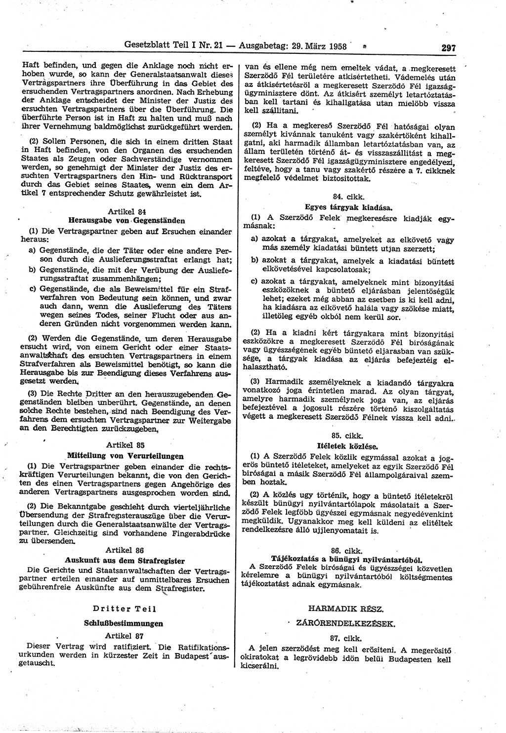 Gesetzblatt (GBl.) der Deutschen Demokratischen Republik (DDR) Teil Ⅰ 1958, Seite 297 (GBl. DDR Ⅰ 1958, S. 297)