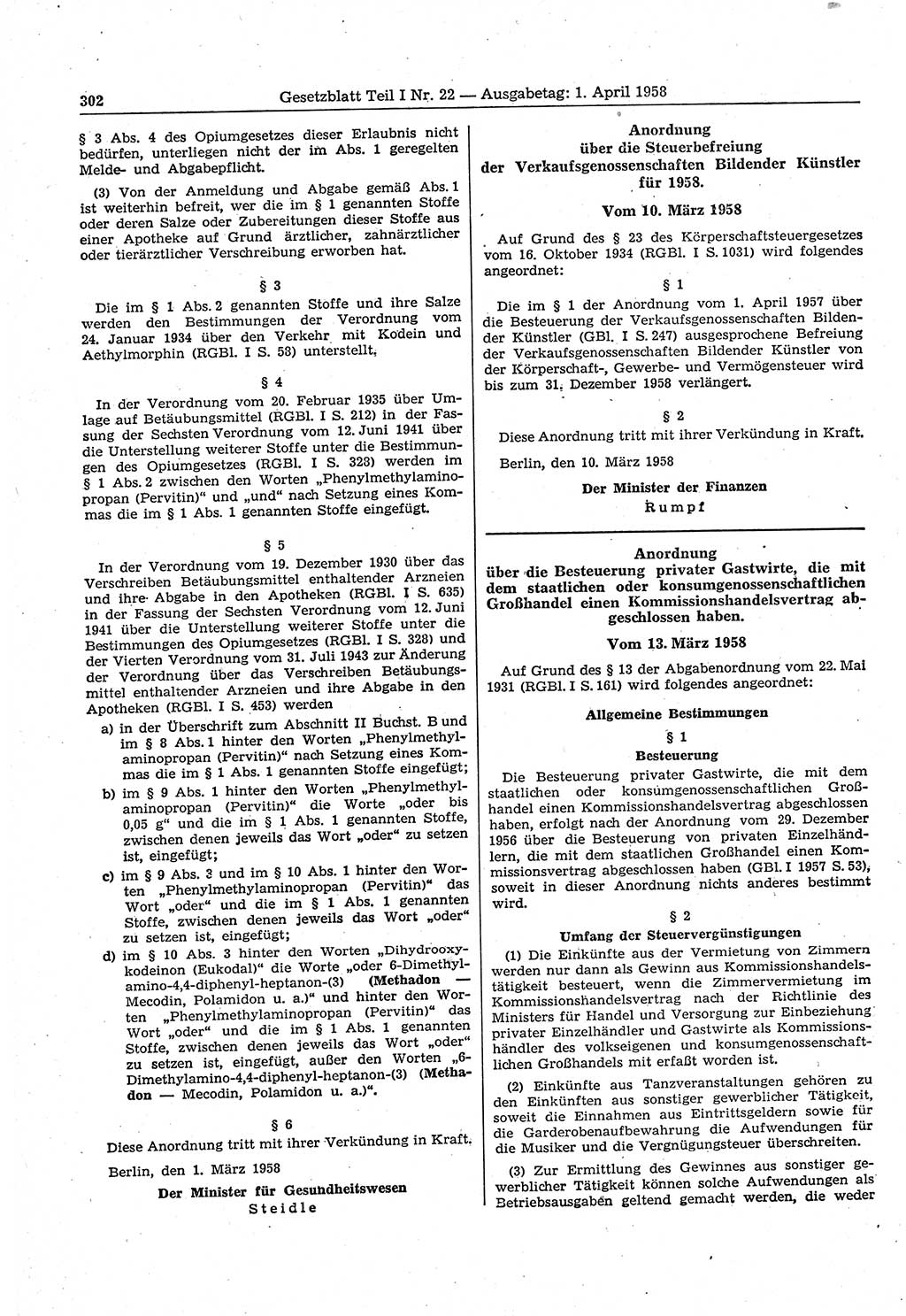 Gesetzblatt (GBl.) der Deutschen Demokratischen Republik (DDR) Teil Ⅰ 1958, Seite 302 (GBl. DDR Ⅰ 1958, S. 302)