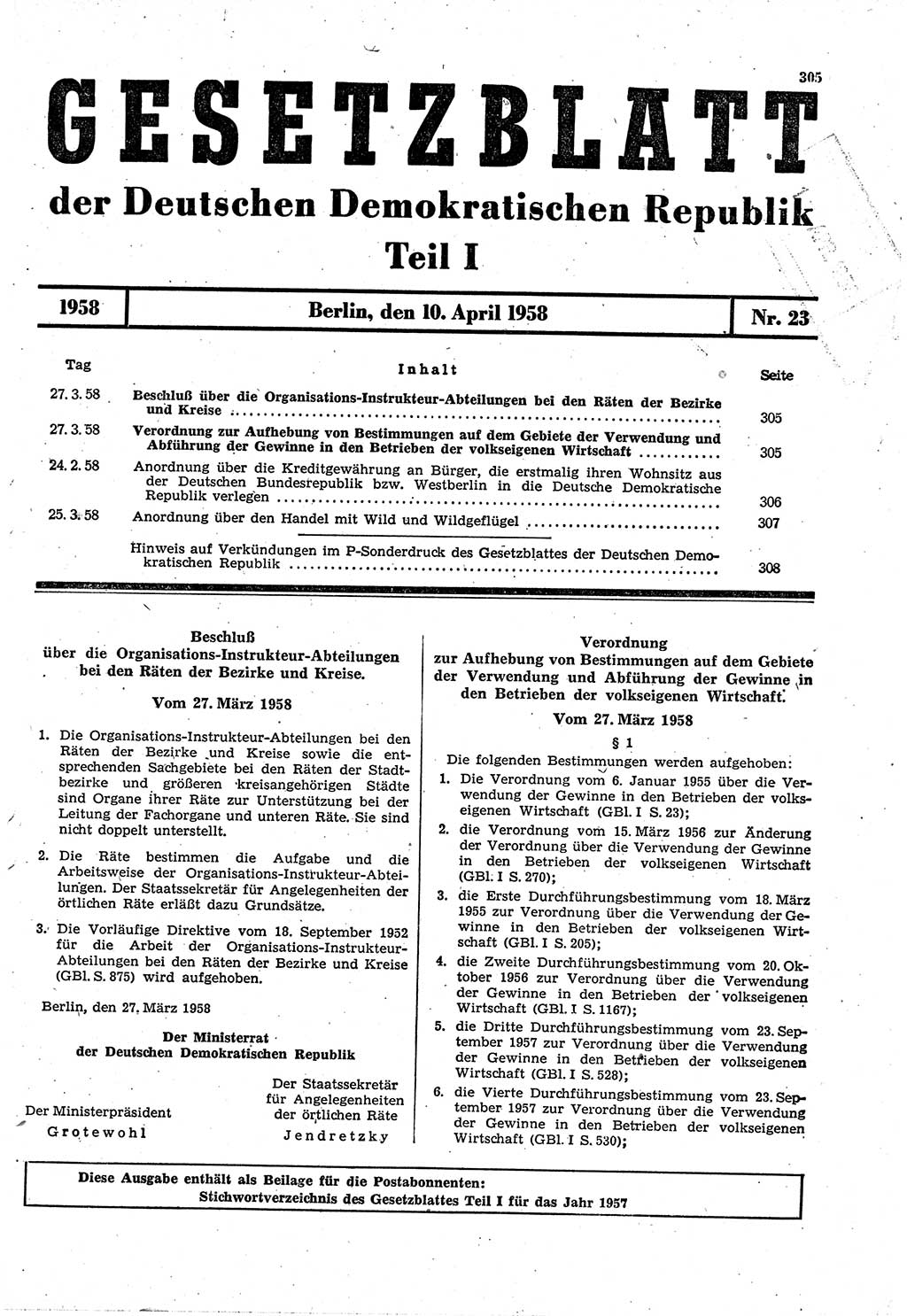 Gesetzblatt (GBl.) der Deutschen Demokratischen Republik (DDR) Teil Ⅰ 1958, Seite 305 (GBl. DDR Ⅰ 1958, S. 305)