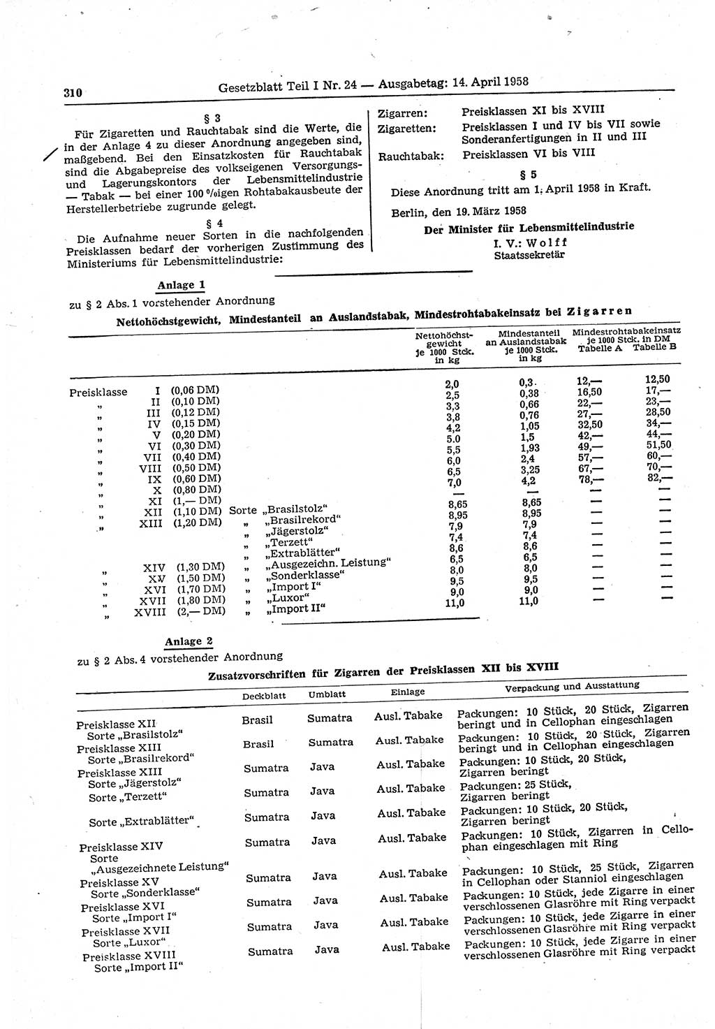 Gesetzblatt (GBl.) der Deutschen Demokratischen Republik (DDR) Teil Ⅰ 1958, Seite 310 (GBl. DDR Ⅰ 1958, S. 310)