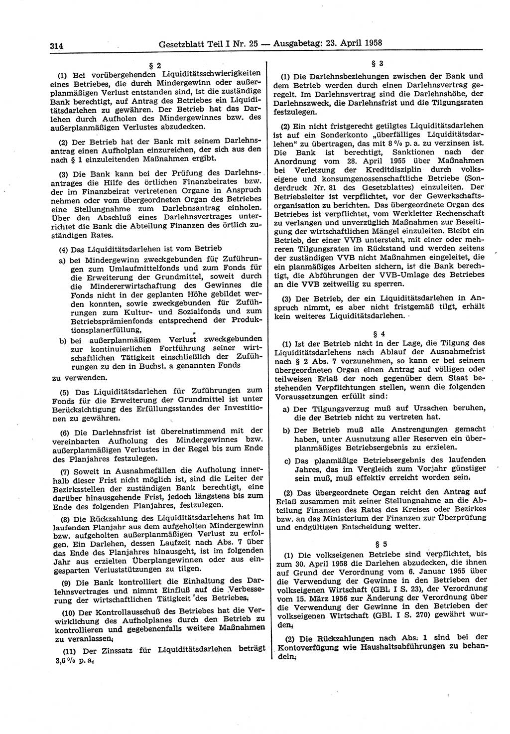 Gesetzblatt (GBl.) der Deutschen Demokratischen Republik (DDR) Teil Ⅰ 1958, Seite 314 (GBl. DDR Ⅰ 1958, S. 314)