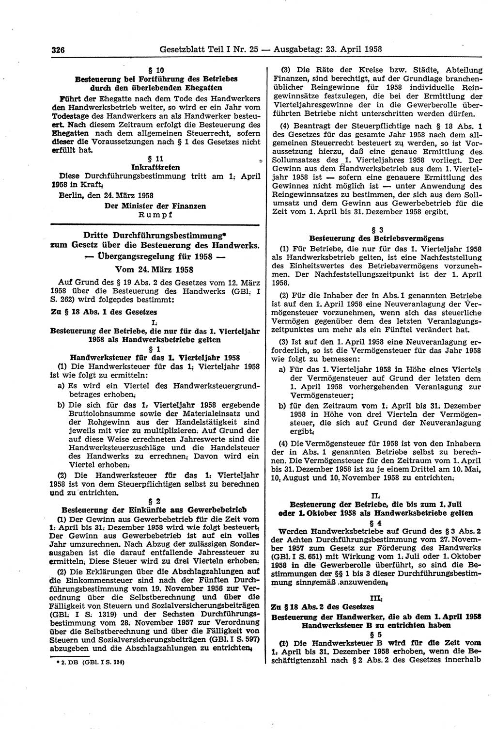 Gesetzblatt (GBl.) der Deutschen Demokratischen Republik (DDR) Teil Ⅰ 1958, Seite 326 (GBl. DDR Ⅰ 1958, S. 326)