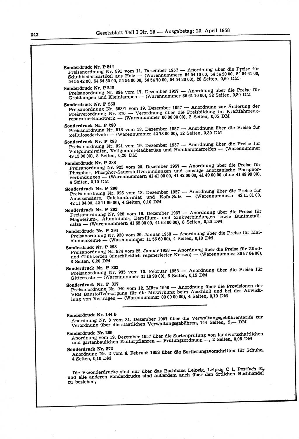 Gesetzblatt (GBl.) der Deutschen Demokratischen Republik (DDR) Teil Ⅰ 1958, Seite 342 (GBl. DDR Ⅰ 1958, S. 342)