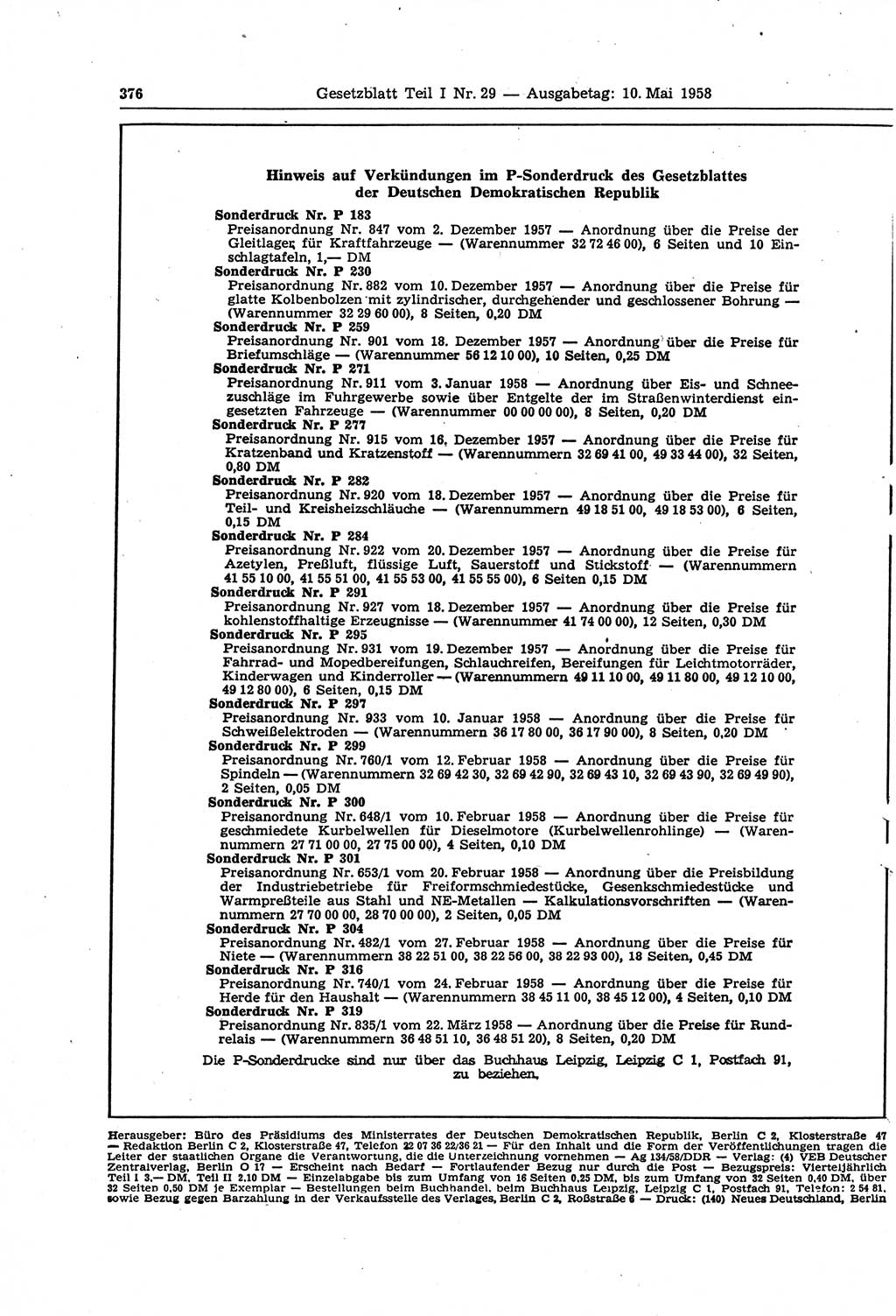 Gesetzblatt (GBl.) der Deutschen Demokratischen Republik (DDR) Teil Ⅰ 1958, Seite 376 (GBl. DDR Ⅰ 1958, S. 376)
