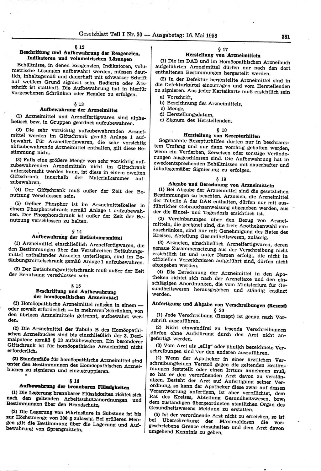 Gesetzblatt (GBl.) der Deutschen Demokratischen Republik (DDR) Teil Ⅰ 1958, Seite 381 (GBl. DDR Ⅰ 1958, S. 381)