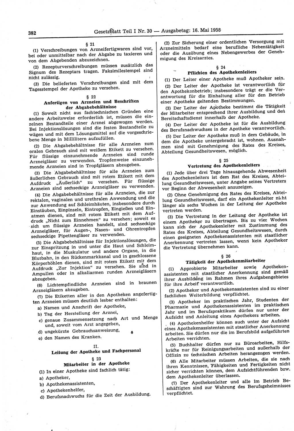 Gesetzblatt (GBl.) der Deutschen Demokratischen Republik (DDR) Teil Ⅰ 1958, Seite 382 (GBl. DDR Ⅰ 1958, S. 382)