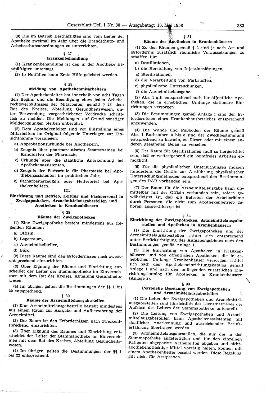 Gesetzblatt (GBl.) der Deutschen Demokratischen Republik (DDR) Teil Ⅰ 1958, Seite 383 (GBl. DDR Ⅰ 1958, S. 383)