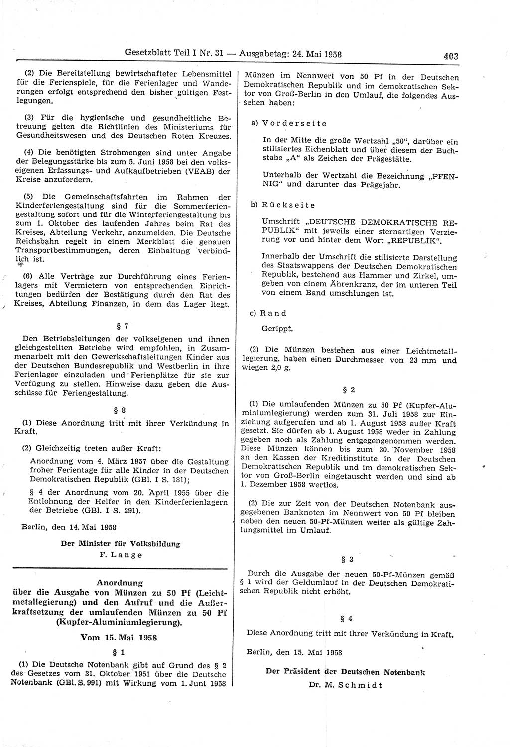 Gesetzblatt (GBl.) der Deutschen Demokratischen Republik (DDR) Teil Ⅰ 1958, Seite 403 (GBl. DDR Ⅰ 1958, S. 403)