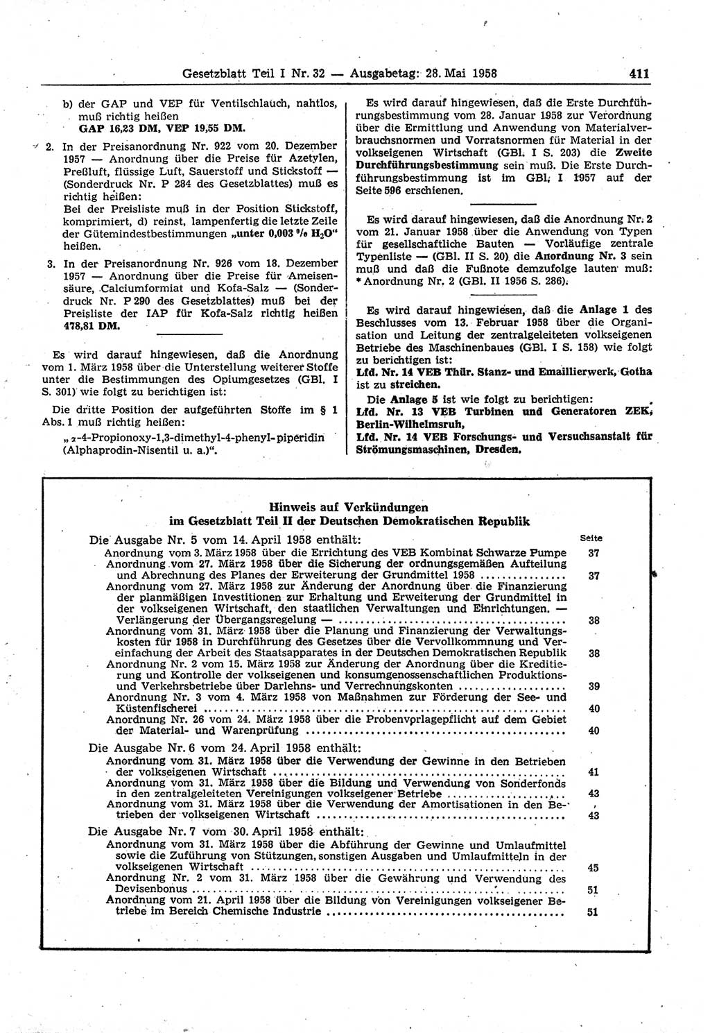 Gesetzblatt (GBl.) der Deutschen Demokratischen Republik (DDR) Teil Ⅰ 1958, Seite 411 (GBl. DDR Ⅰ 1958, S. 411)