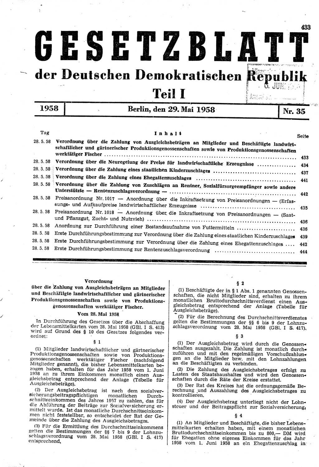 Gesetzblatt (GBl.) der Deutschen Demokratischen Republik (DDR) Teil Ⅰ 1958, Seite 433 (GBl. DDR Ⅰ 1958, S. 433)