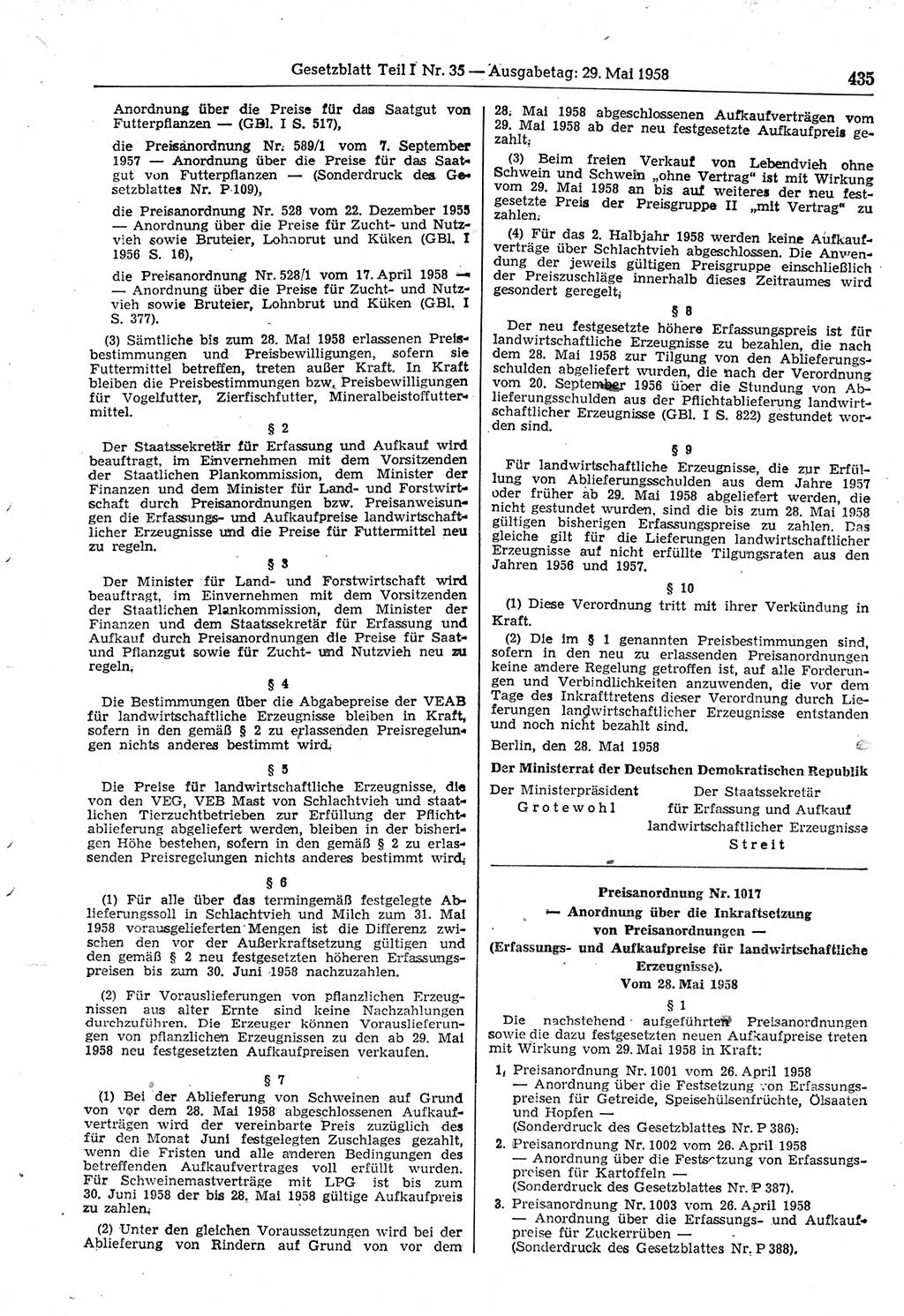 Gesetzblatt (GBl.) der Deutschen Demokratischen Republik (DDR) Teil Ⅰ 1958, Seite 435 (GBl. DDR Ⅰ 1958, S. 435)