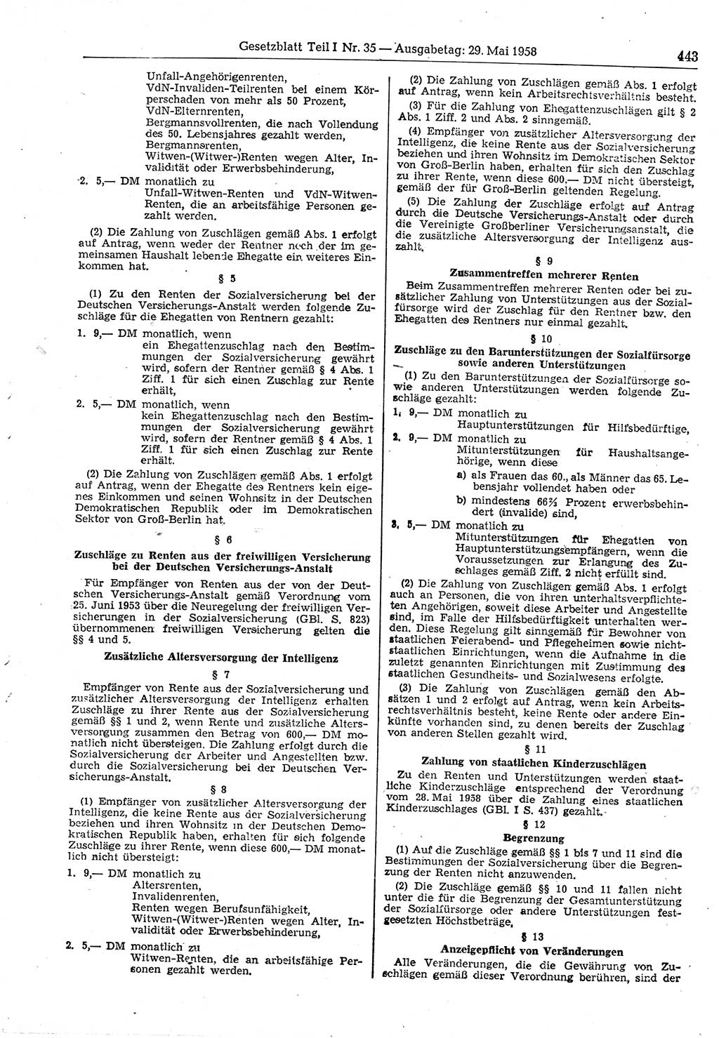 Gesetzblatt (GBl.) der Deutschen Demokratischen Republik (DDR) Teil Ⅰ 1958, Seite 443 (GBl. DDR Ⅰ 1958, S. 443)