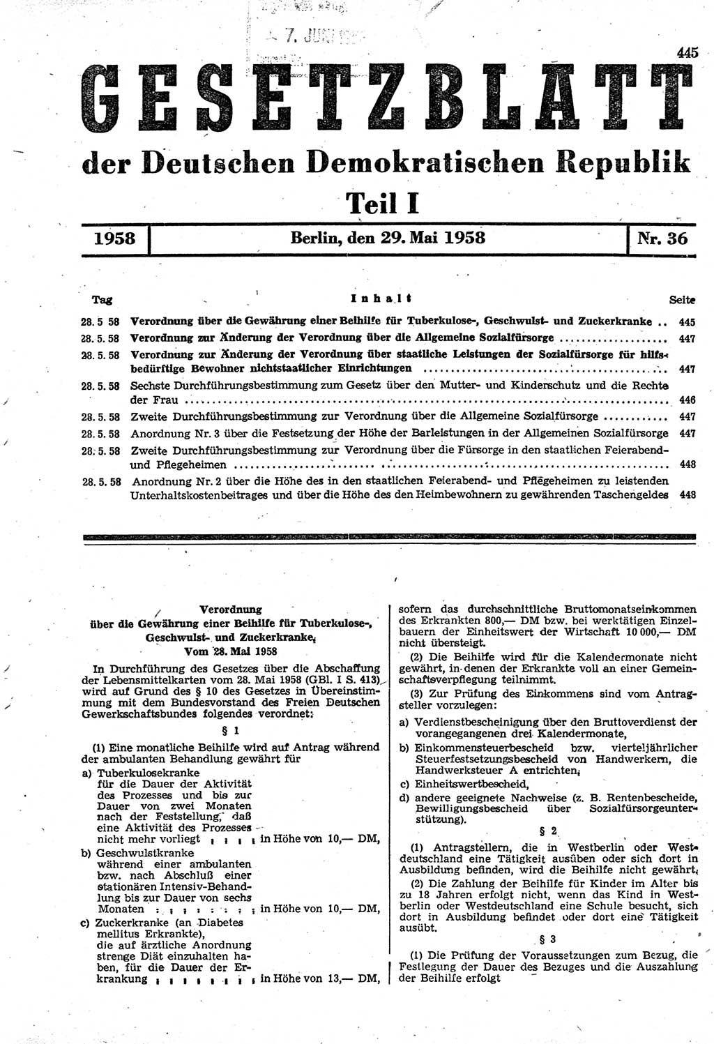 Gesetzblatt (GBl.) der Deutschen Demokratischen Republik (DDR) Teil â… 1958, Seite 445 (GBl. DDR â… 1958, S. 445)