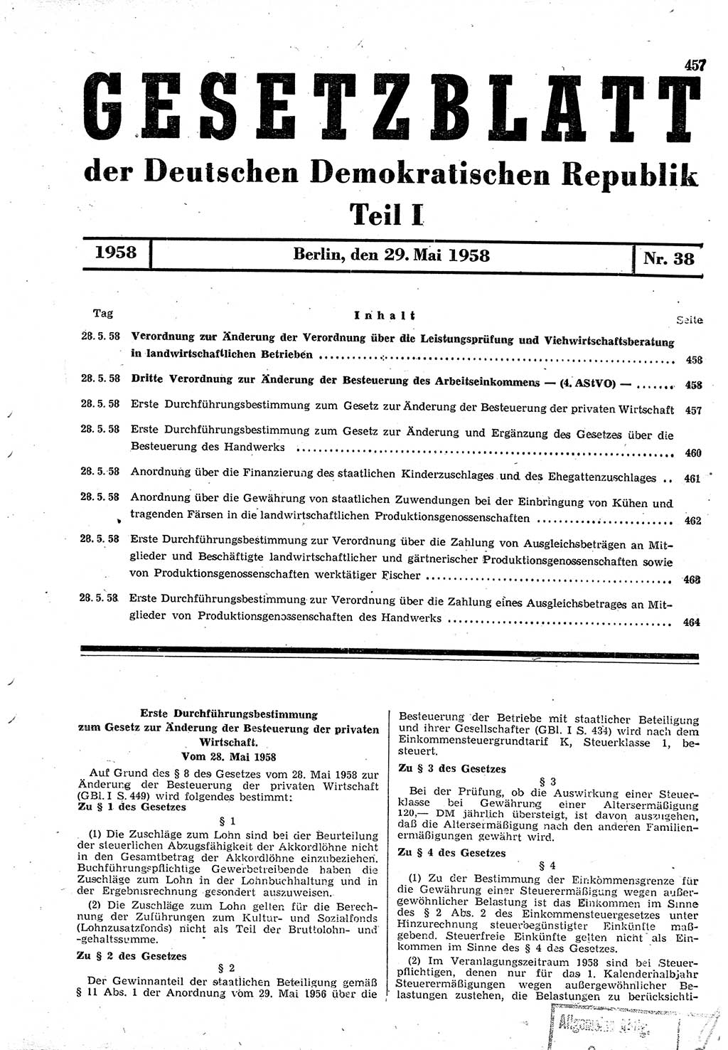 Gesetzblatt (GBl.) der Deutschen Demokratischen Republik (DDR) Teil Ⅰ 1958, Seite 457 (GBl. DDR Ⅰ 1958, S. 457)