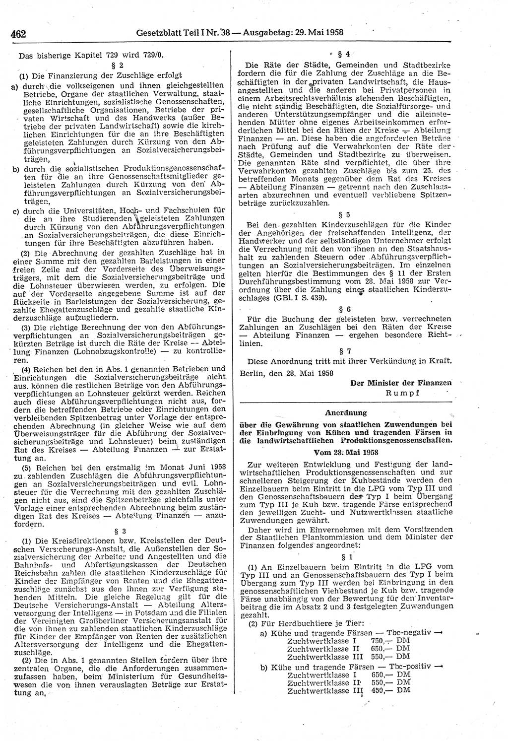 Gesetzblatt (GBl.) der Deutschen Demokratischen Republik (DDR) Teil Ⅰ 1958, Seite 462 (GBl. DDR Ⅰ 1958, S. 462)