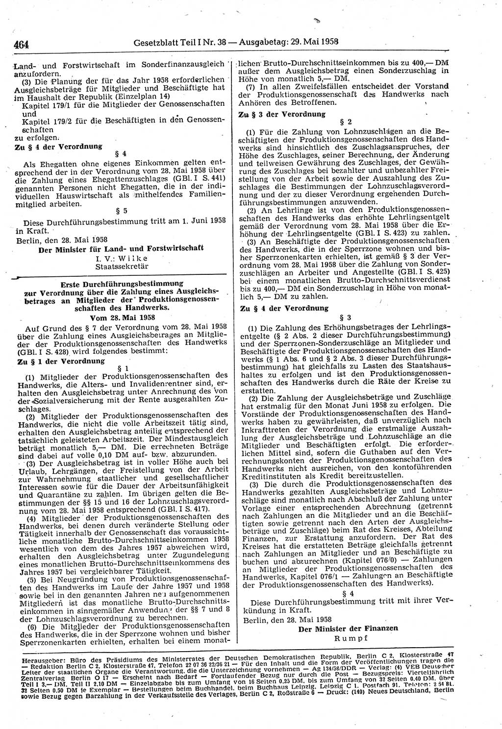 Gesetzblatt (GBl.) der Deutschen Demokratischen Republik (DDR) Teil Ⅰ 1958, Seite 464 (GBl. DDR Ⅰ 1958, S. 464)