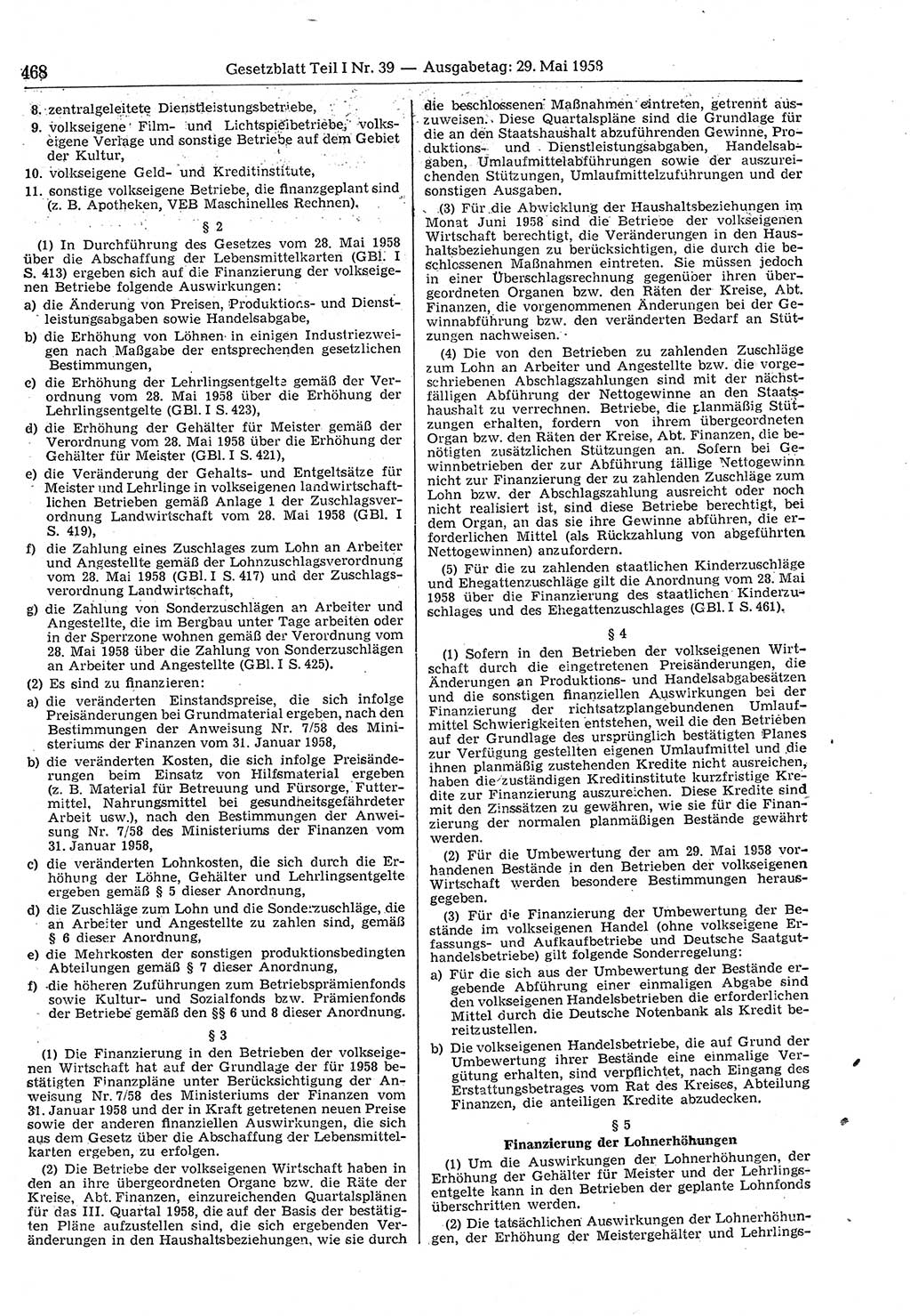 Gesetzblatt (GBl.) der Deutschen Demokratischen Republik (DDR) Teil Ⅰ 1958, Seite 468 (GBl. DDR Ⅰ 1958, S. 468)