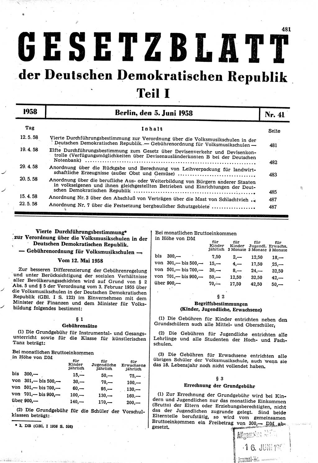 Gesetzblatt (GBl.) der Deutschen Demokratischen Republik (DDR) Teil Ⅰ 1958, Seite 481 (GBl. DDR Ⅰ 1958, S. 481)