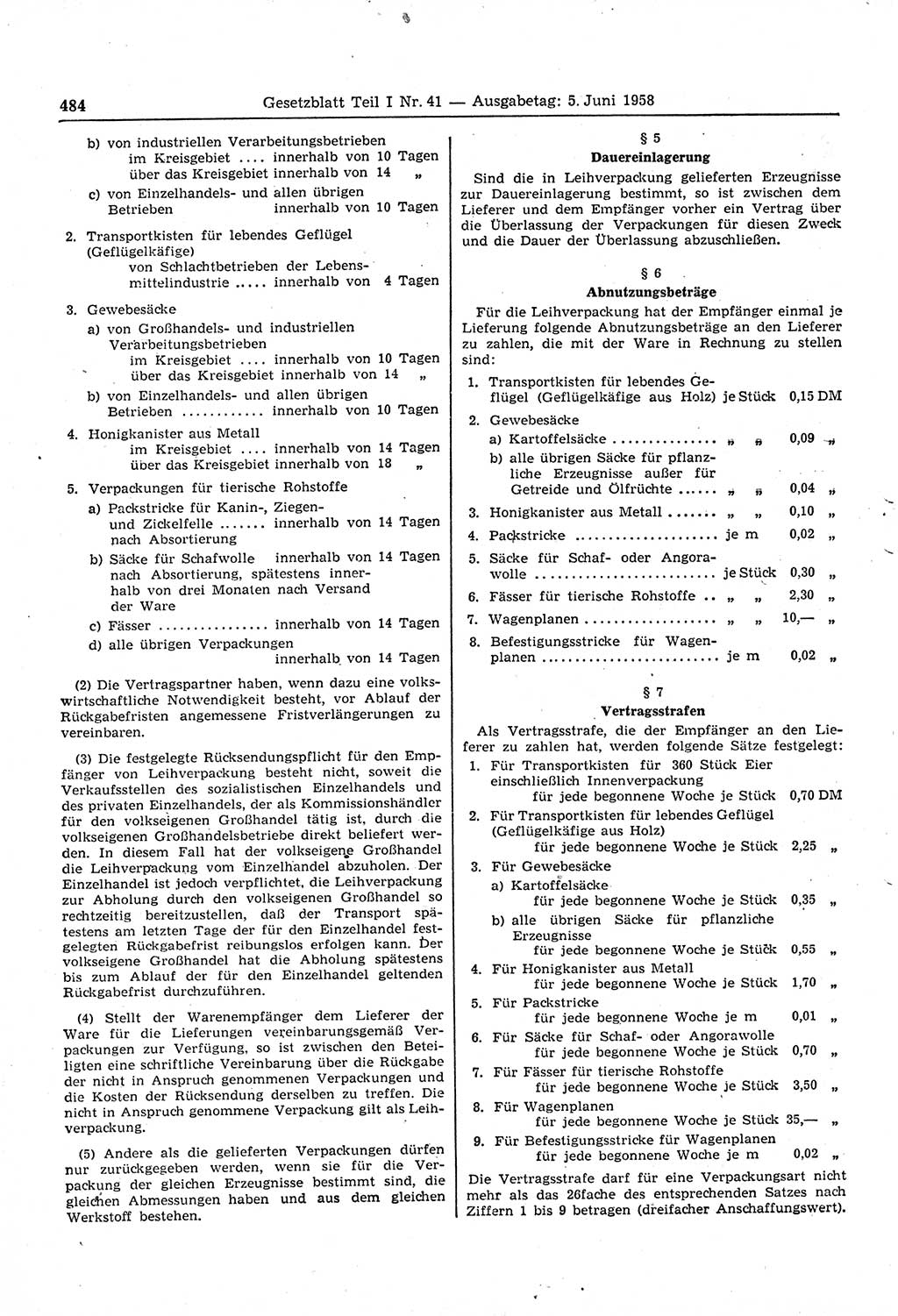 Gesetzblatt (GBl.) der Deutschen Demokratischen Republik (DDR) Teil Ⅰ 1958, Seite 484 (GBl. DDR Ⅰ 1958, S. 484)