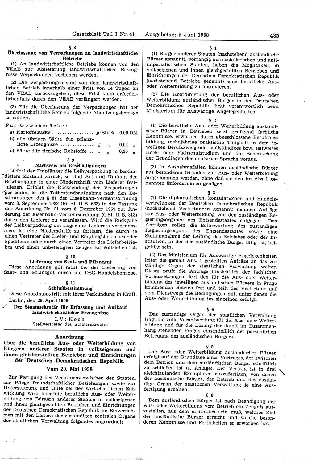 Gesetzblatt (GBl.) der Deutschen Demokratischen Republik (DDR) Teil Ⅰ 1958, Seite 485 (GBl. DDR Ⅰ 1958, S. 485)
