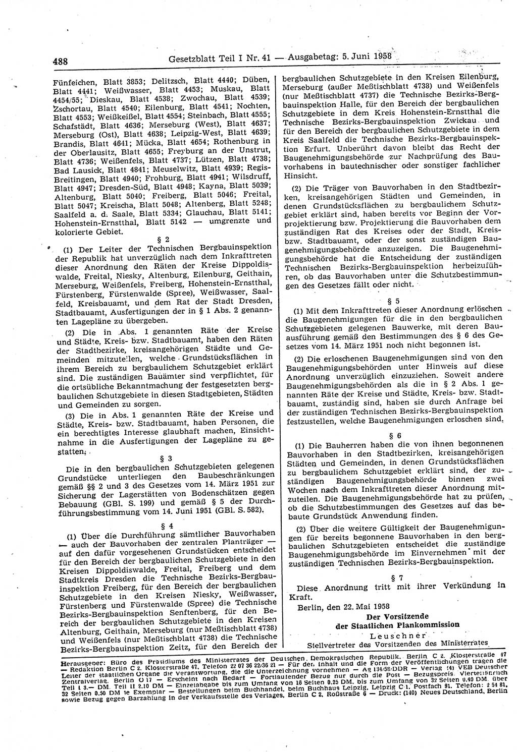 Gesetzblatt (GBl.) der Deutschen Demokratischen Republik (DDR) Teil Ⅰ 1958, Seite 488 (GBl. DDR Ⅰ 1958, S. 488)
