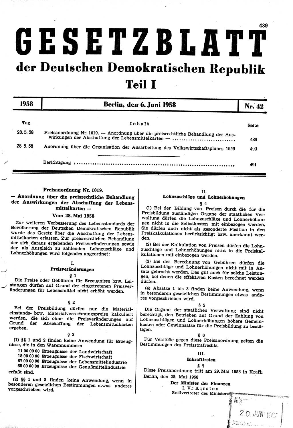 Gesetzblatt (GBl.) der Deutschen Demokratischen Republik (DDR) Teil Ⅰ 1958, Seite 489 (GBl. DDR Ⅰ 1958, S. 489)