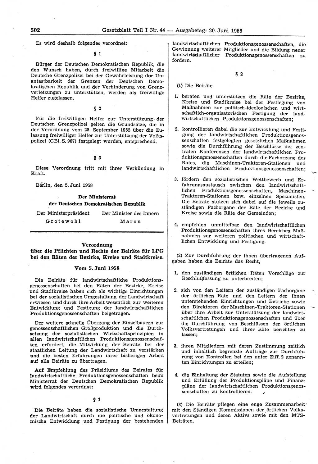 Gesetzblatt (GBl.) der Deutschen Demokratischen Republik (DDR) Teil Ⅰ 1958, Seite 502 (GBl. DDR Ⅰ 1958, S. 502)