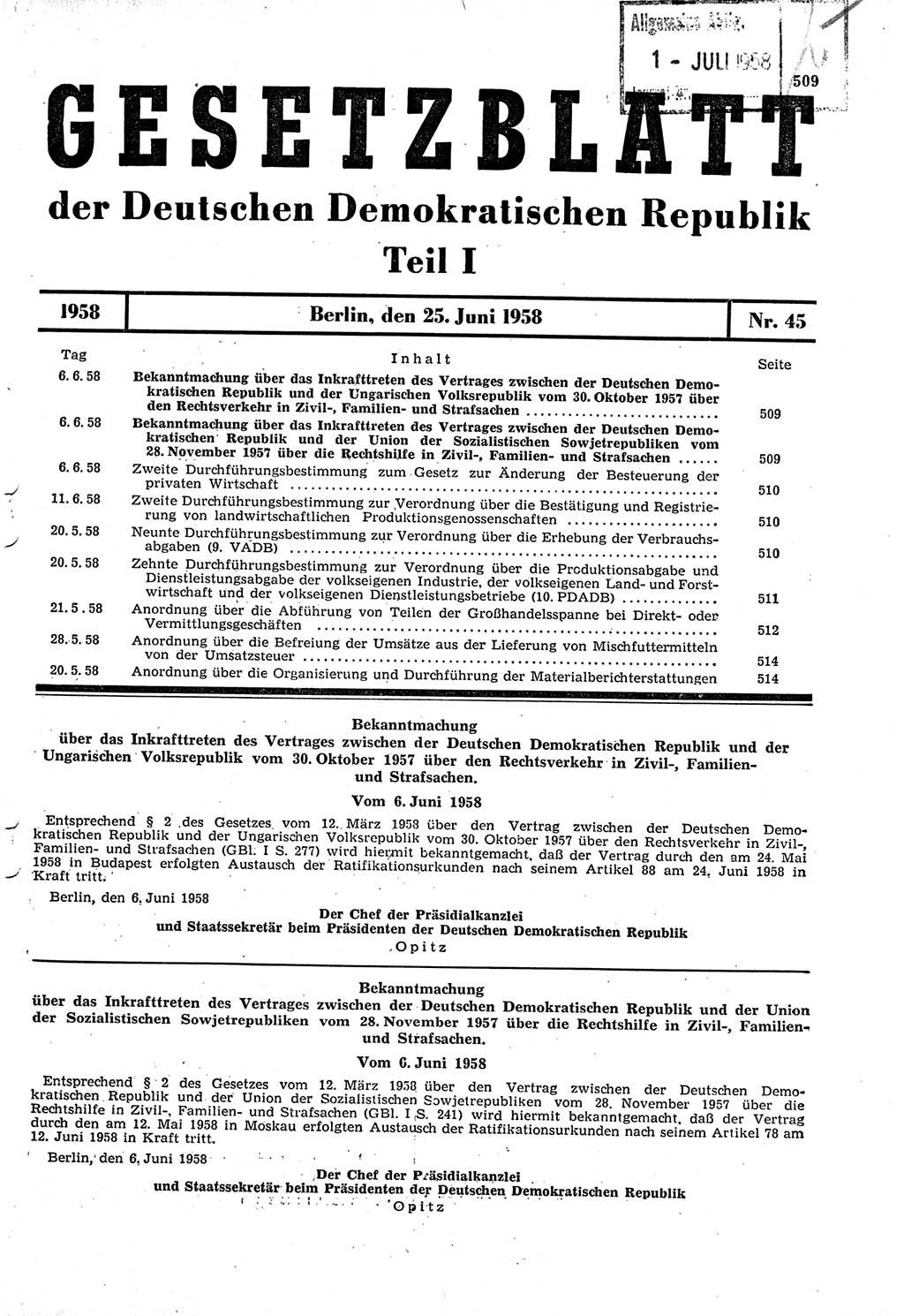 Gesetzblatt (GBl.) der Deutschen Demokratischen Republik (DDR) Teil Ⅰ 1958, Seite 509 (GBl. DDR Ⅰ 1958, S. 509)