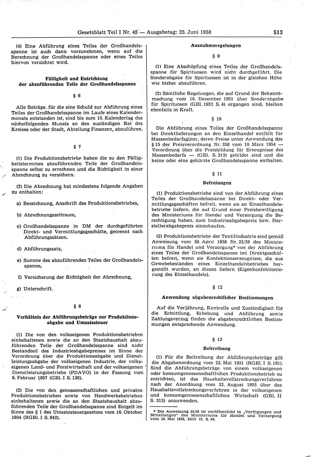 Gesetzblatt (GBl.) der Deutschen Demokratischen Republik (DDR) Teil Ⅰ 1958, Seite 513 (GBl. DDR Ⅰ 1958, S. 513)