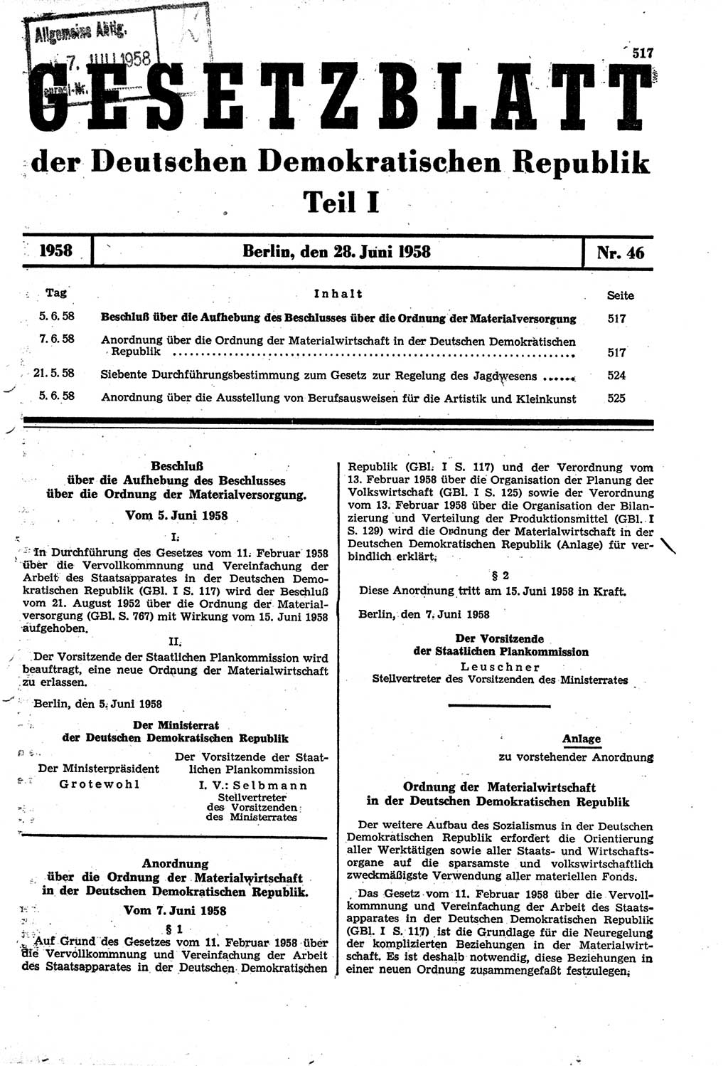 Gesetzblatt (GBl.) der Deutschen Demokratischen Republik (DDR) Teil Ⅰ 1958, Seite 517 (GBl. DDR Ⅰ 1958, S. 517)