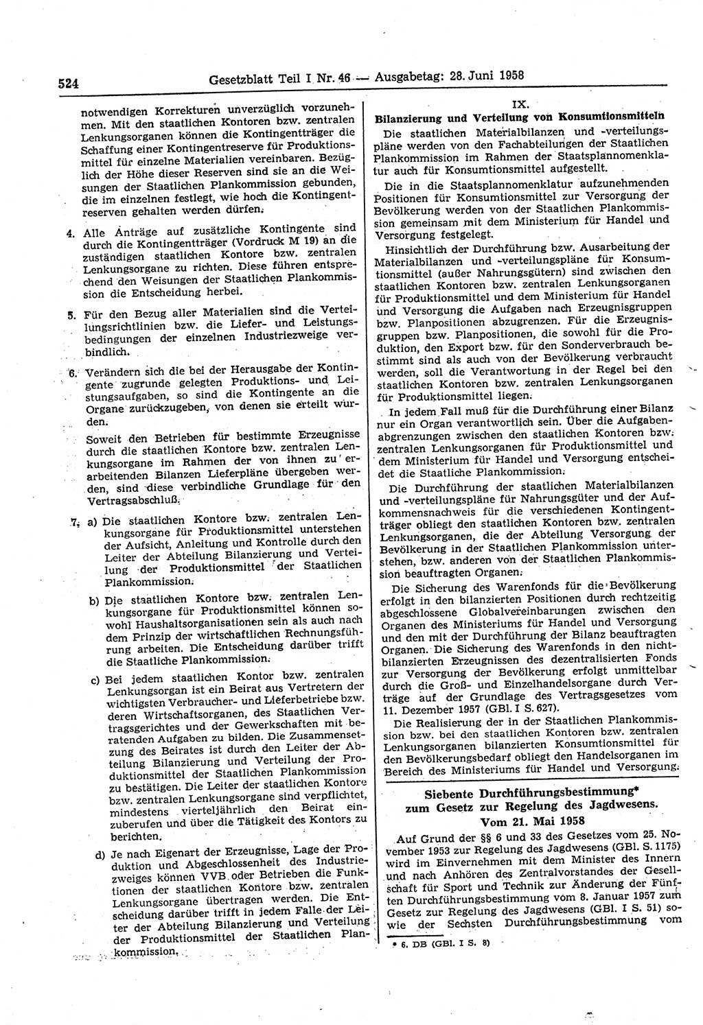 Gesetzblatt (GBl.) der Deutschen Demokratischen Republik (DDR) Teil Ⅰ 1958, Seite 524 (GBl. DDR Ⅰ 1958, S. 524)