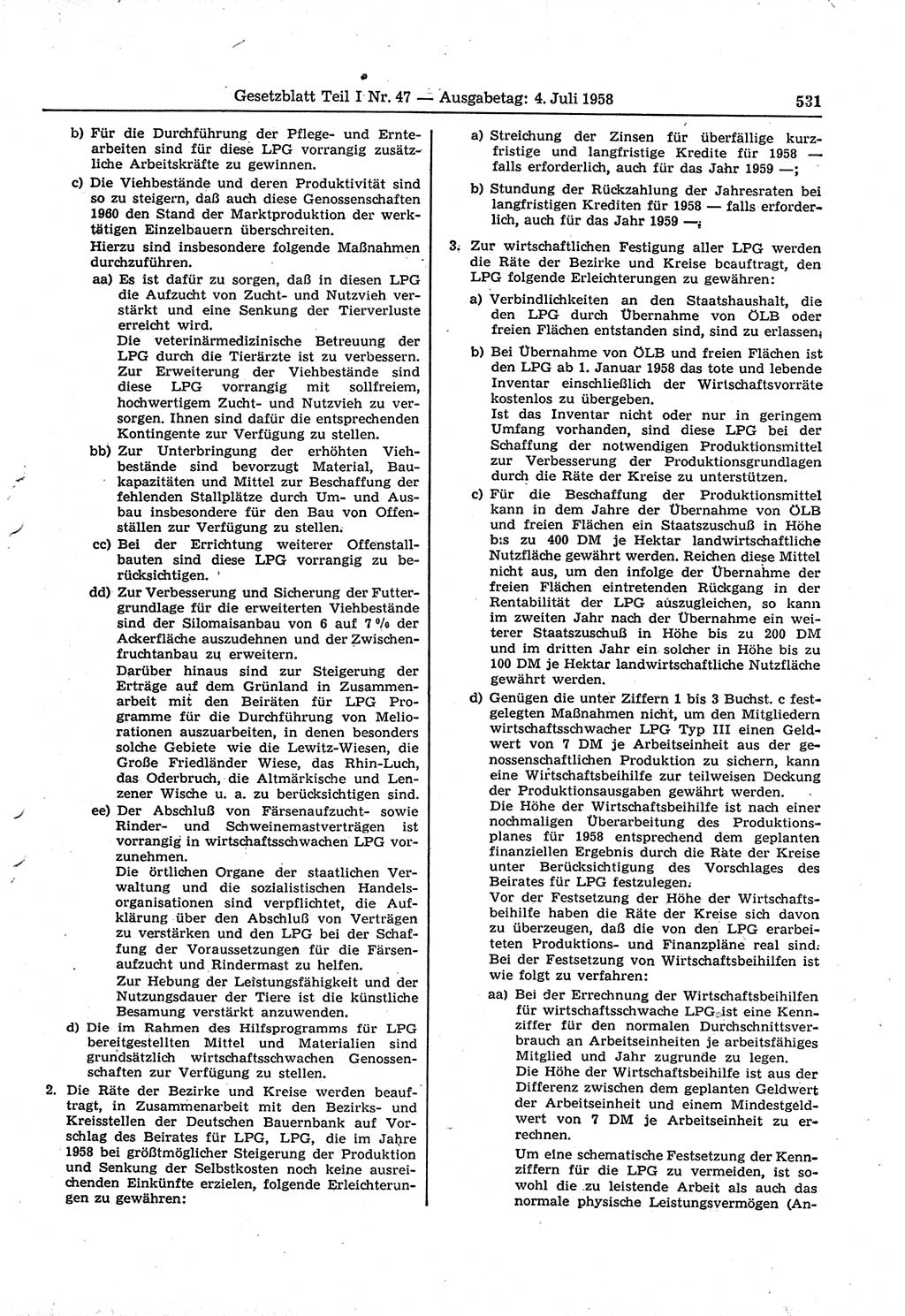 Gesetzblatt (GBl.) der Deutschen Demokratischen Republik (DDR) Teil Ⅰ 1958, Seite 531 (GBl. DDR Ⅰ 1958, S. 531)