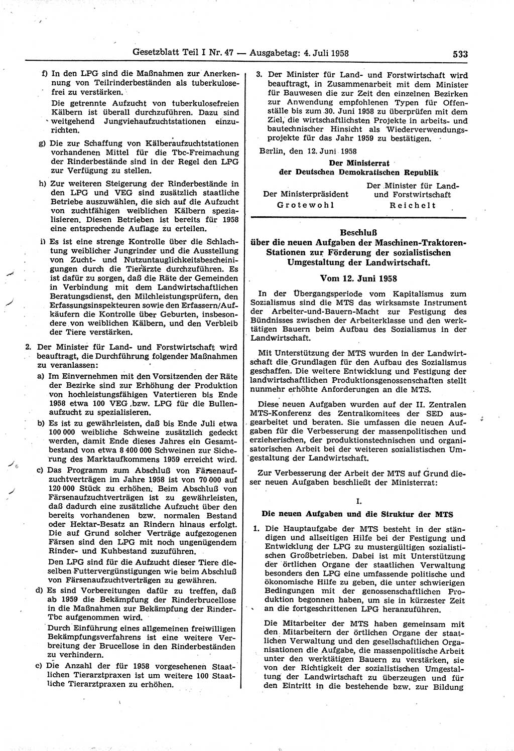Gesetzblatt (GBl.) der Deutschen Demokratischen Republik (DDR) Teil Ⅰ 1958, Seite 533 (GBl. DDR Ⅰ 1958, S. 533)