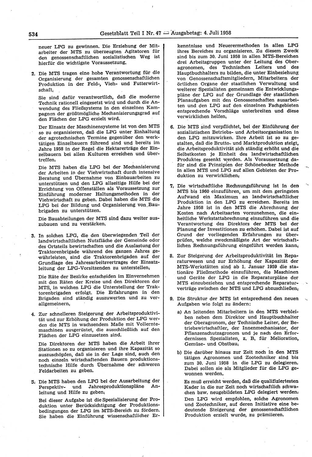 Gesetzblatt (GBl.) der Deutschen Demokratischen Republik (DDR) Teil Ⅰ 1958, Seite 534 (GBl. DDR Ⅰ 1958, S. 534)