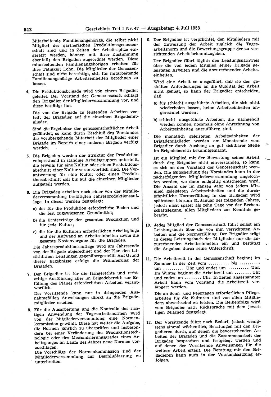 Gesetzblatt (GBl.) der Deutschen Demokratischen Republik (DDR) Teil Ⅰ 1958, Seite 542 (GBl. DDR Ⅰ 1958, S. 542)