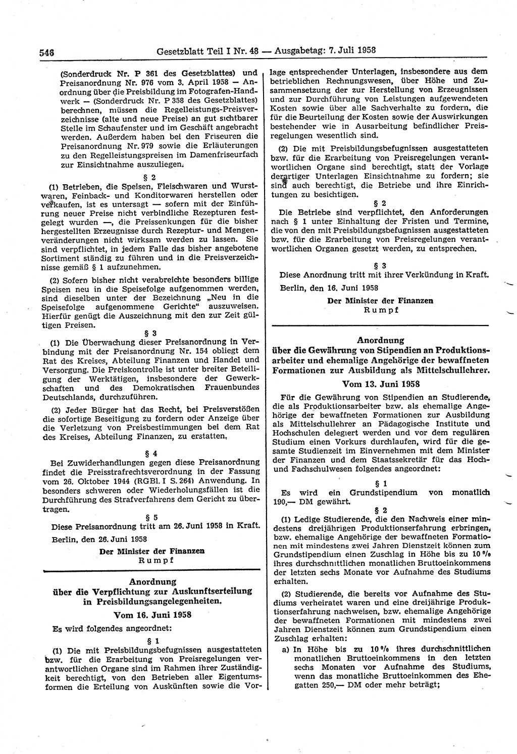 Gesetzblatt (GBl.) der Deutschen Demokratischen Republik (DDR) Teil Ⅰ 1958, Seite 546 (GBl. DDR Ⅰ 1958, S. 546)