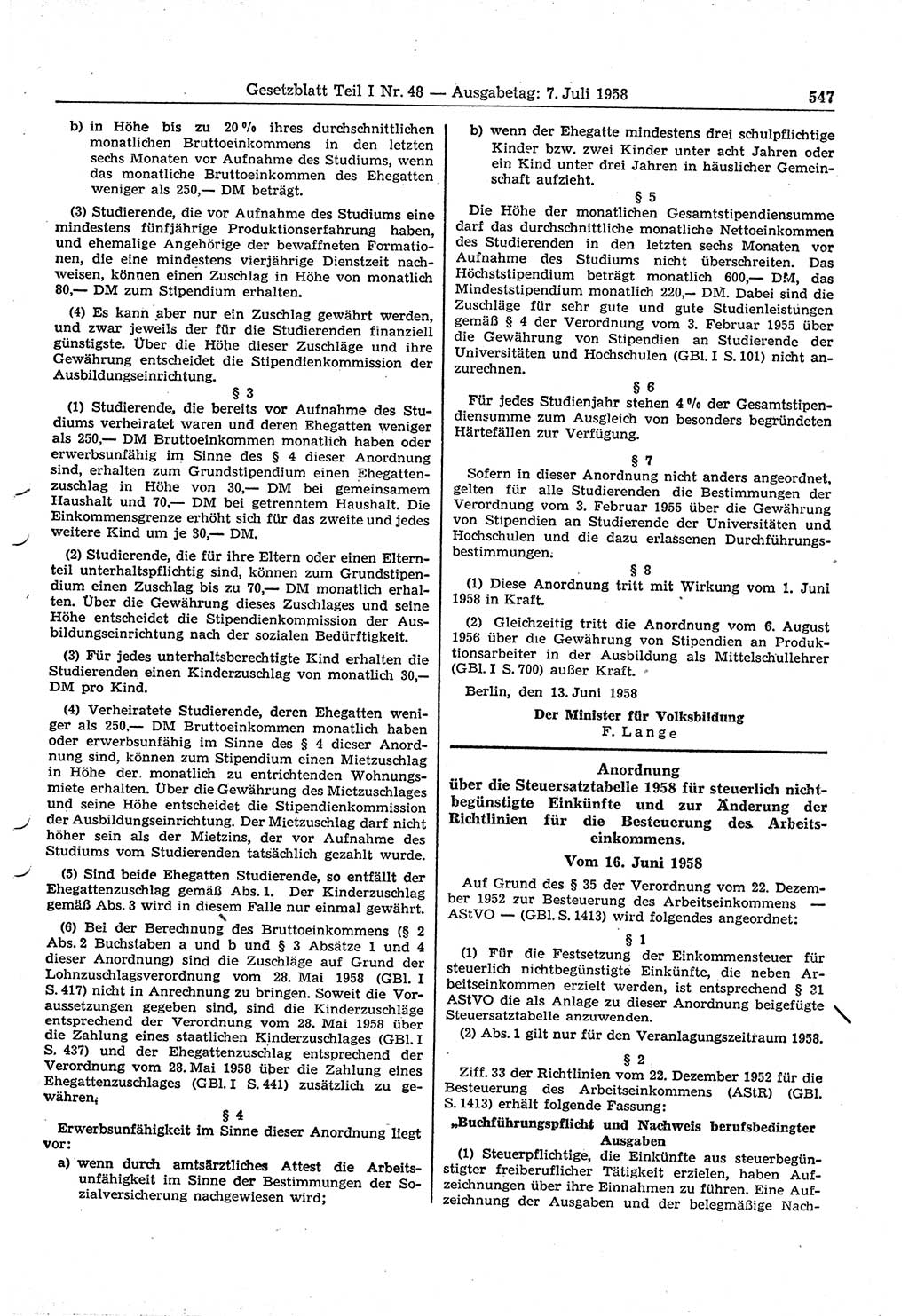 Gesetzblatt (GBl.) der Deutschen Demokratischen Republik (DDR) Teil Ⅰ 1958, Seite 547 (GBl. DDR Ⅰ 1958, S. 547)