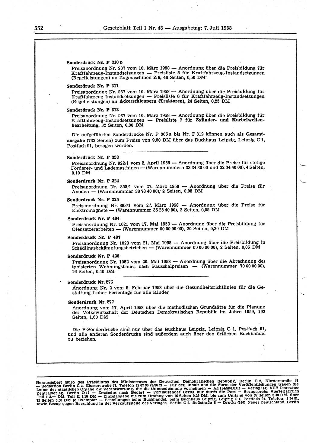 Gesetzblatt (GBl.) der Deutschen Demokratischen Republik (DDR) Teil Ⅰ 1958, Seite 552 (GBl. DDR Ⅰ 1958, S. 552)