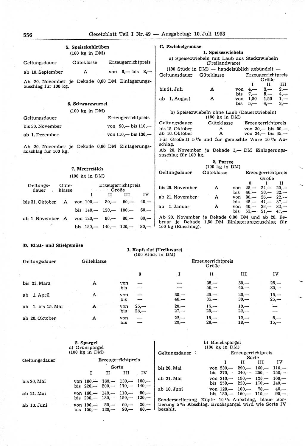 Gesetzblatt (GBl.) der Deutschen Demokratischen Republik (DDR) Teil Ⅰ 1958, Seite 556 (GBl. DDR Ⅰ 1958, S. 556)