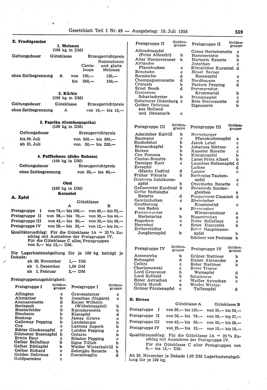 Gesetzblatt (GBl.) der Deutschen Demokratischen Republik (DDR) Teil Ⅰ 1958, Seite 559 (GBl. DDR Ⅰ 1958, S. 559)