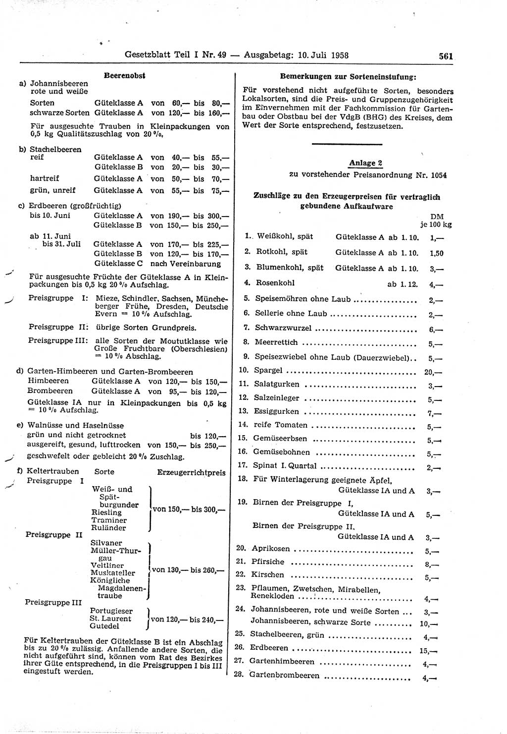 Gesetzblatt (GBl.) der Deutschen Demokratischen Republik (DDR) Teil Ⅰ 1958, Seite 561 (GBl. DDR Ⅰ 1958, S. 561)